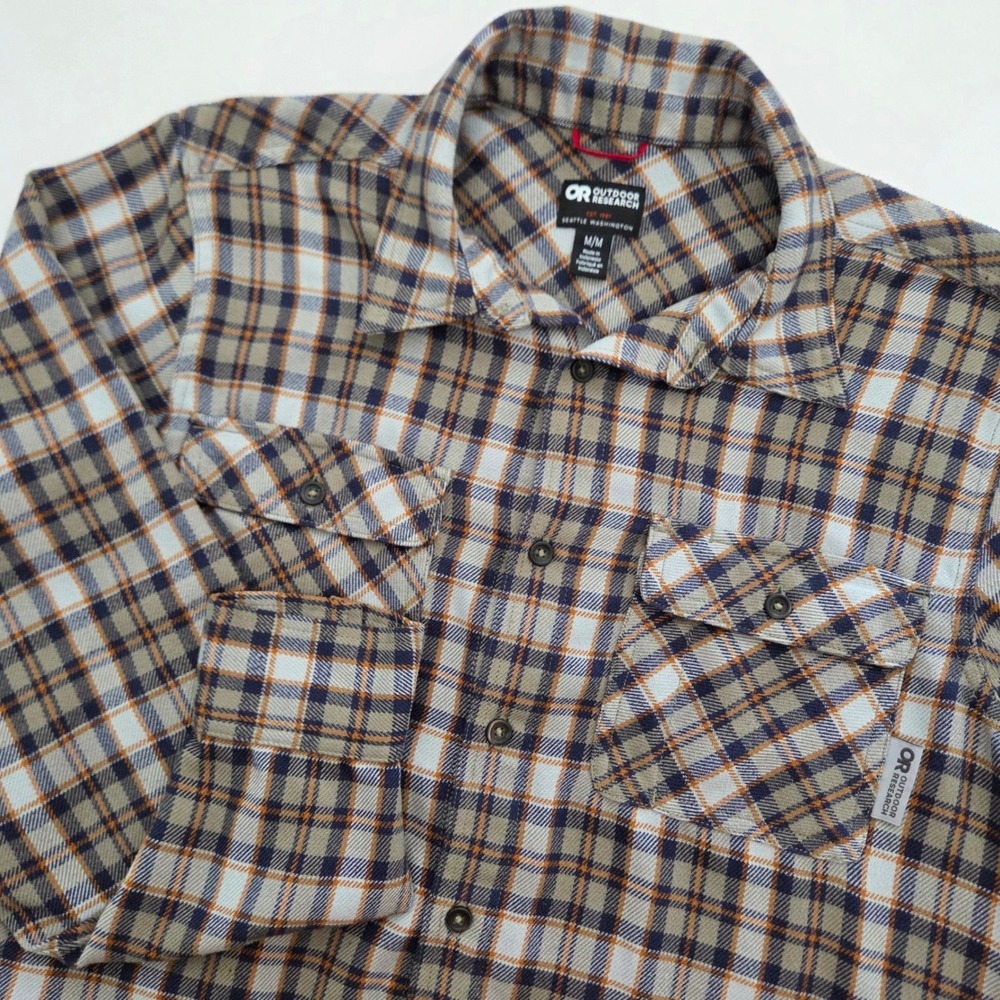 Outdoor Research Shirt Plaid Blue Tan Long Sleeve Button Up Mens Medium